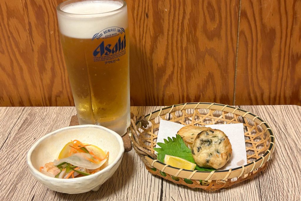 生ビールとお通しと天ぷら