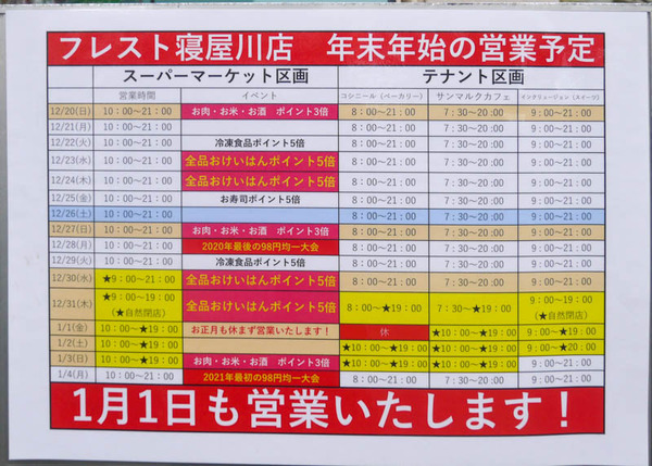 フレスト寝屋川店 2021年1月の営業-1